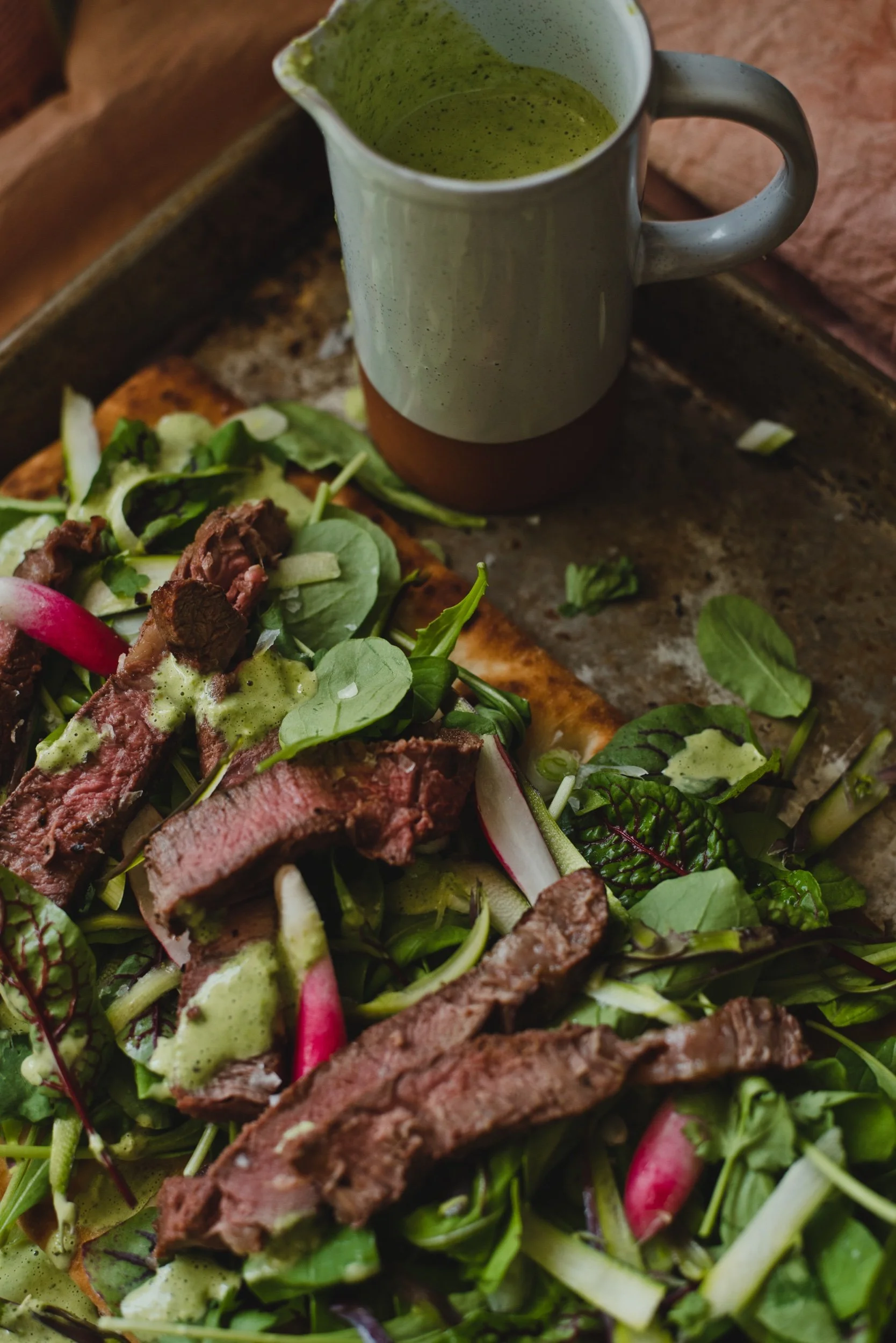 Steak Flatbread with Creamy Chive Dressing