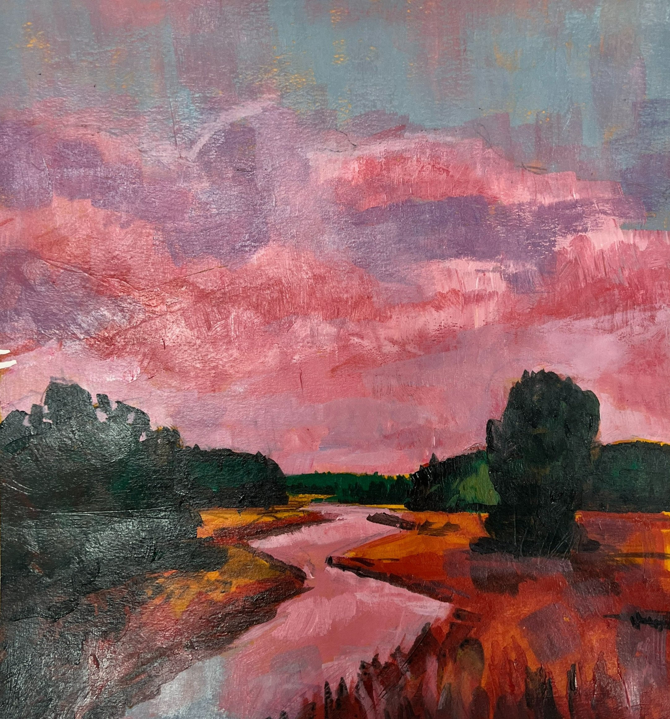 Student oil painting of landscape with pink sunset sky and warm orange foreground