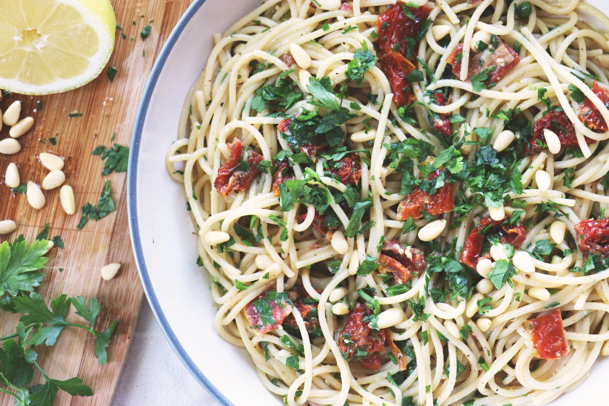 Simple dishes sometimes pack the biggest punch. Plus this is Alex's new favourite spaghetti! - prep time 5 mins total time 10 mins serves 2