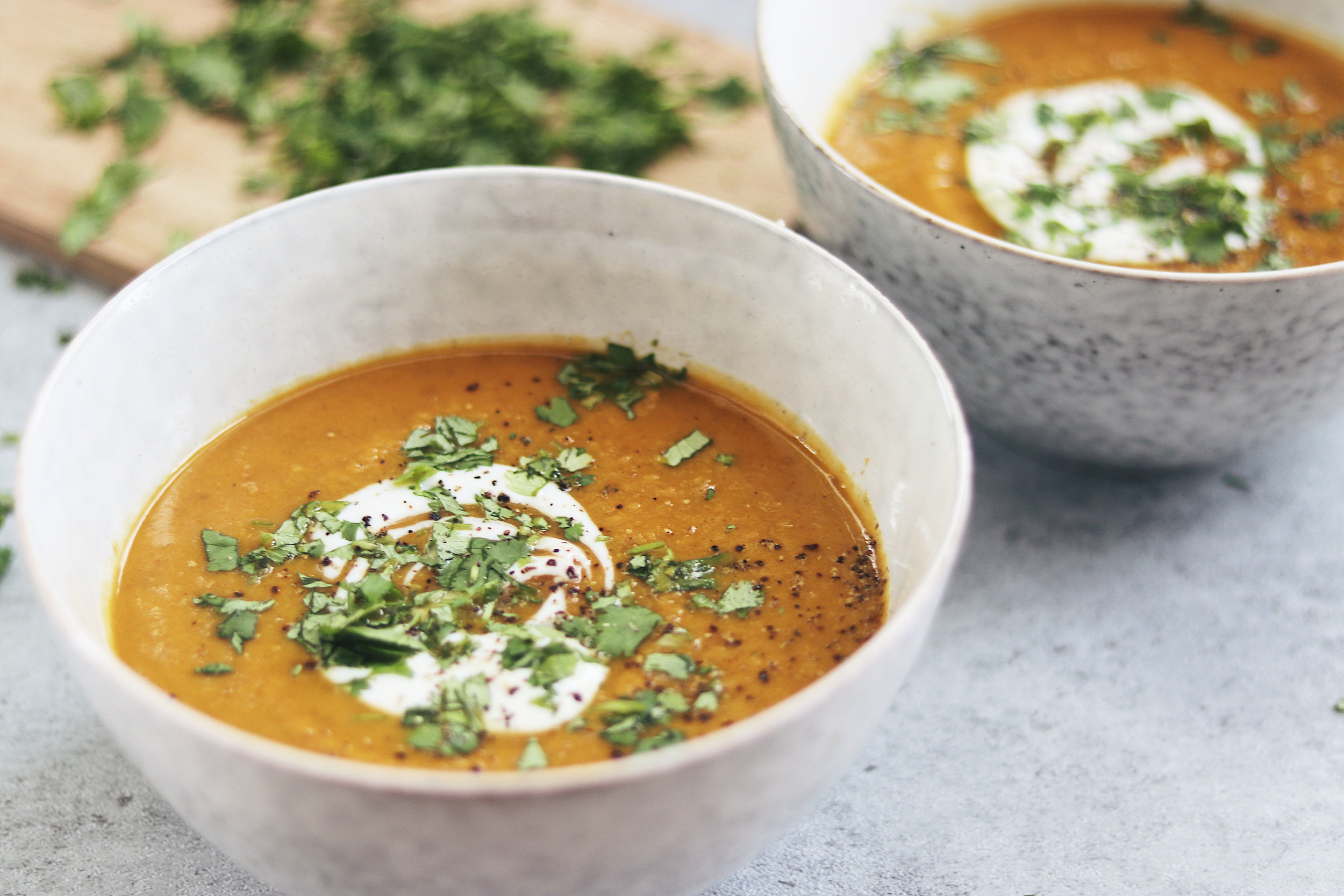This spicy sweet potato soup will keep you warm as the seasons change. - prep time 20 mins total time 25 mins serves 2