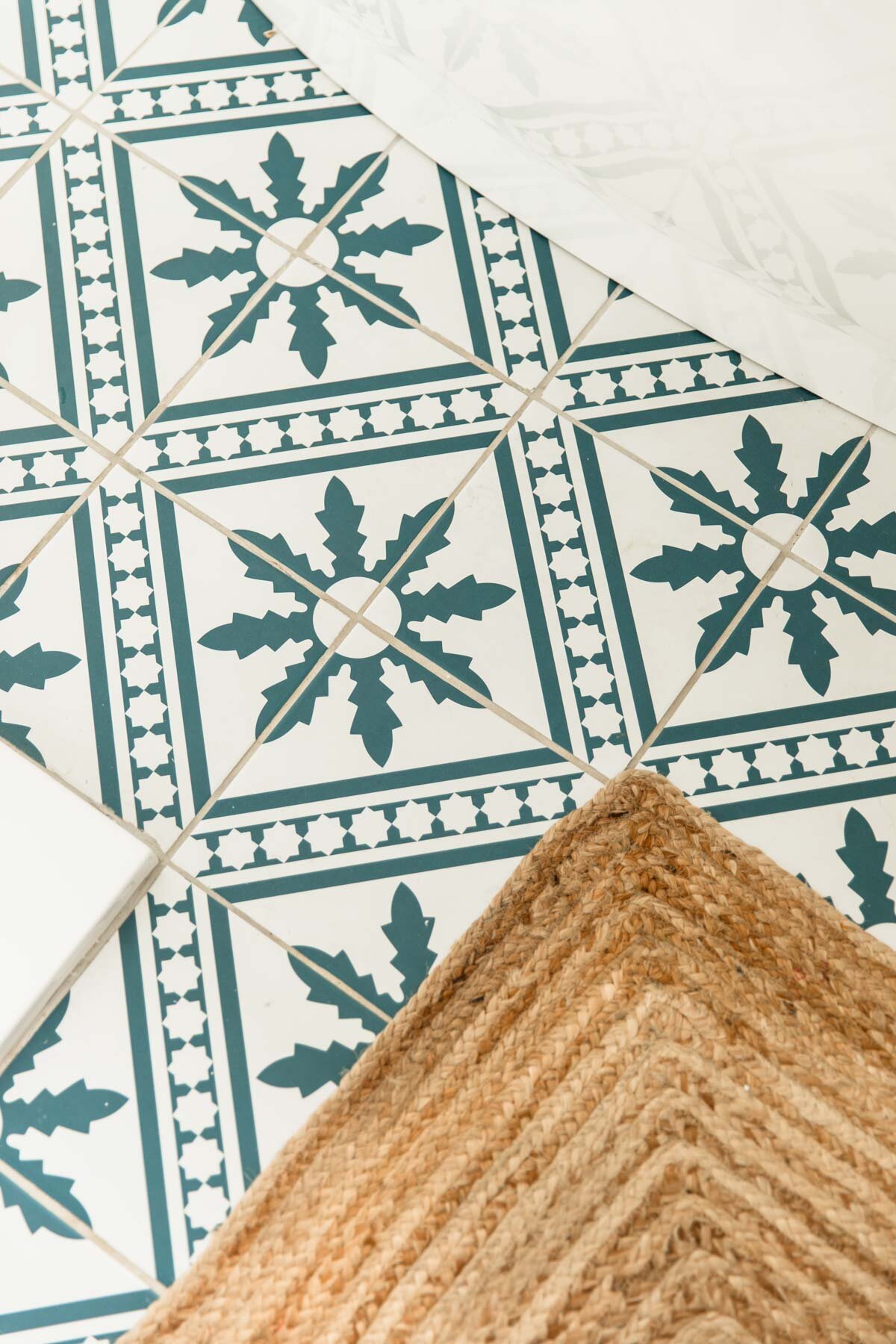Patterned blue tiles in bathroom