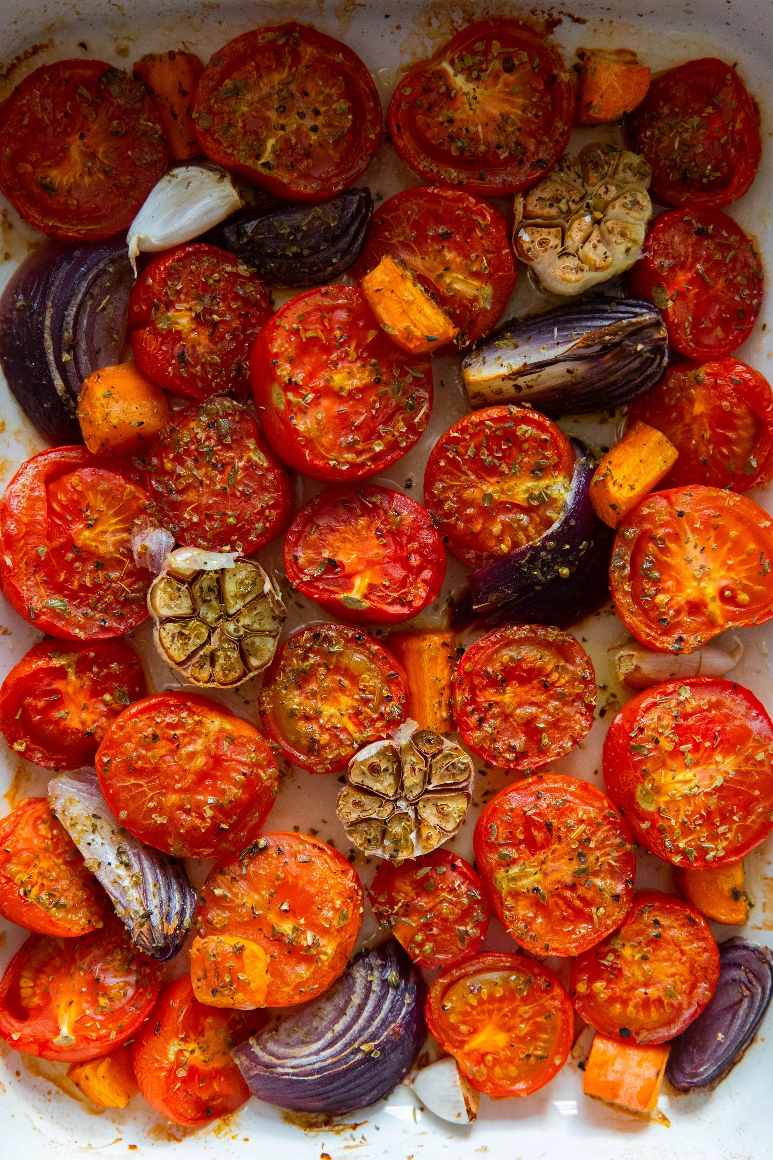 Roasted tomatoes in baking tray