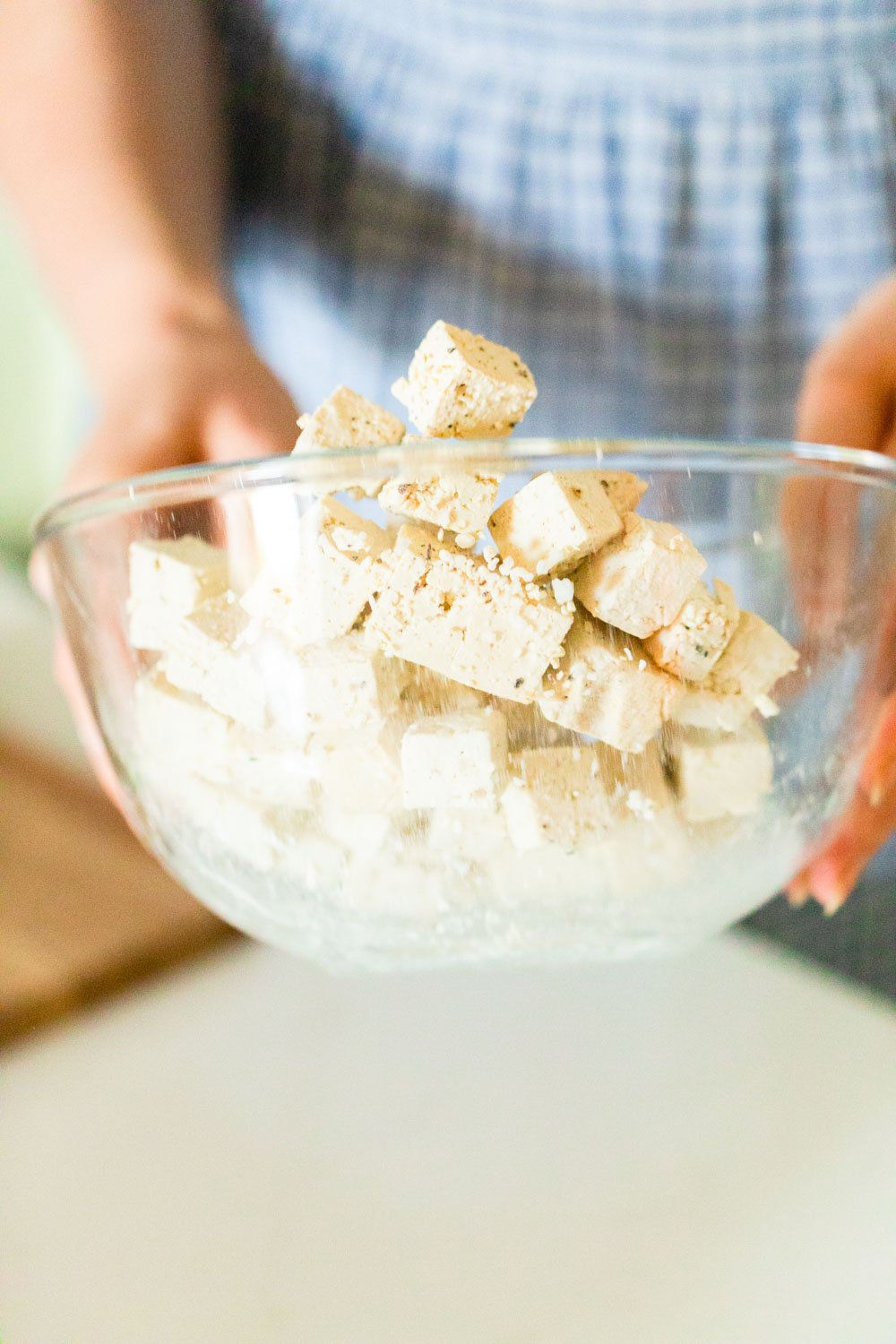preparing tofu in bowl