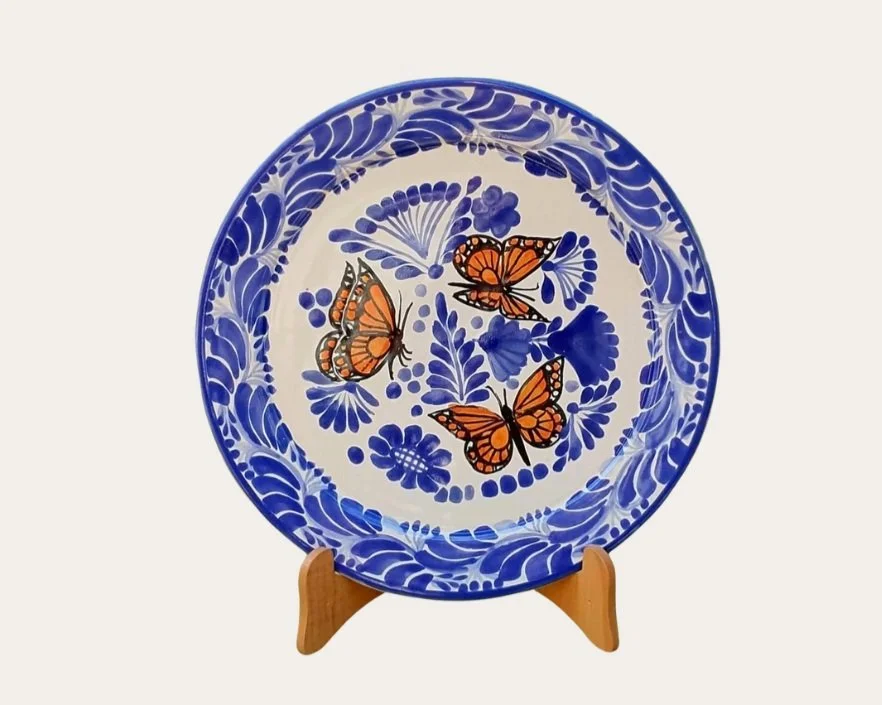 Mexican Talverna Display Plate with Stand Blue and Orange Butterfly Keepsake