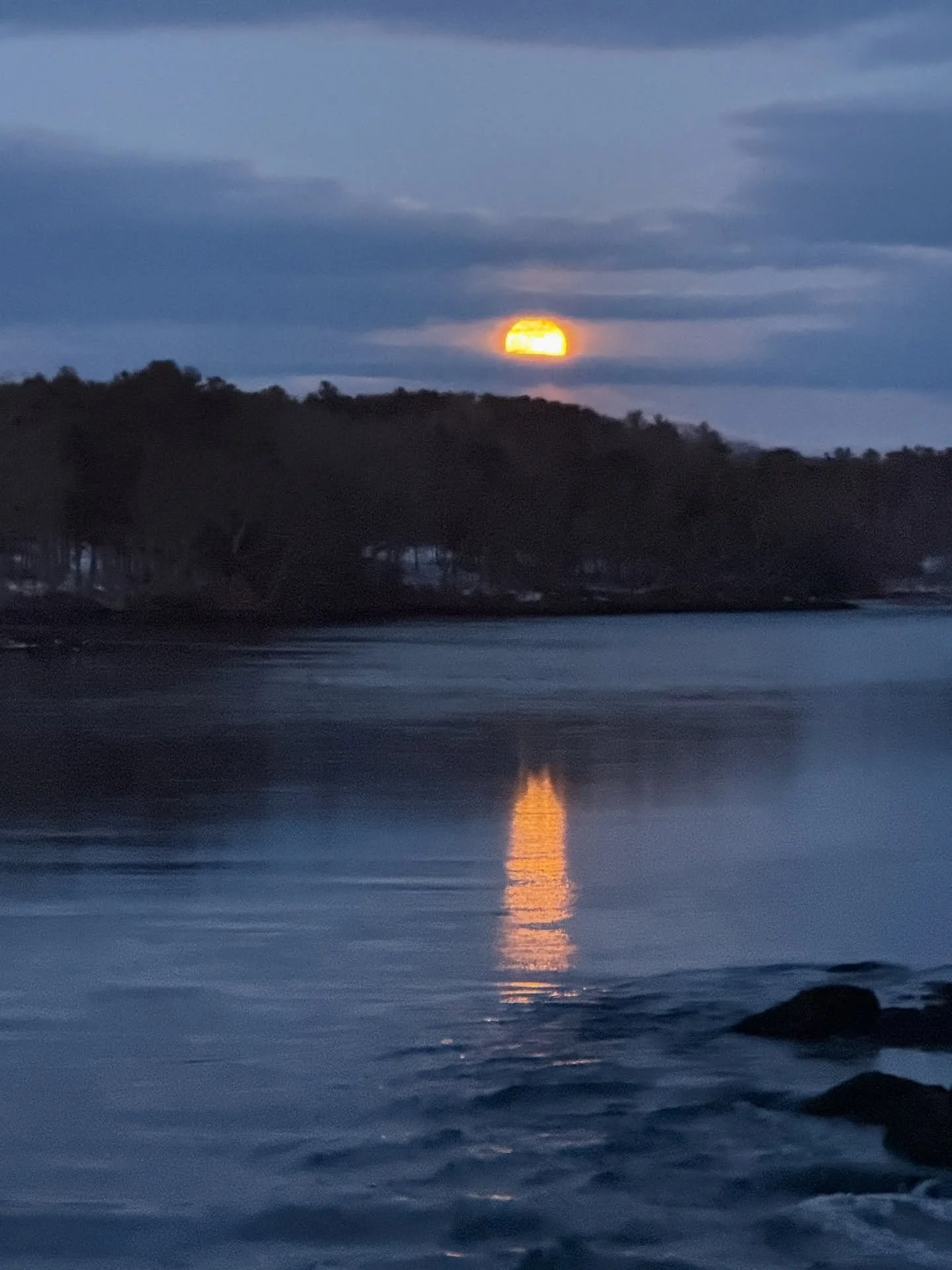 Exhaustion caught up with me today. After napping the afternoon away I really needed to walk the dog. And I knew it would probably help me too. And my reward&mdash;catching this! 
The full wolf moon rising over the Damariscotta River. Such a gift!!! 