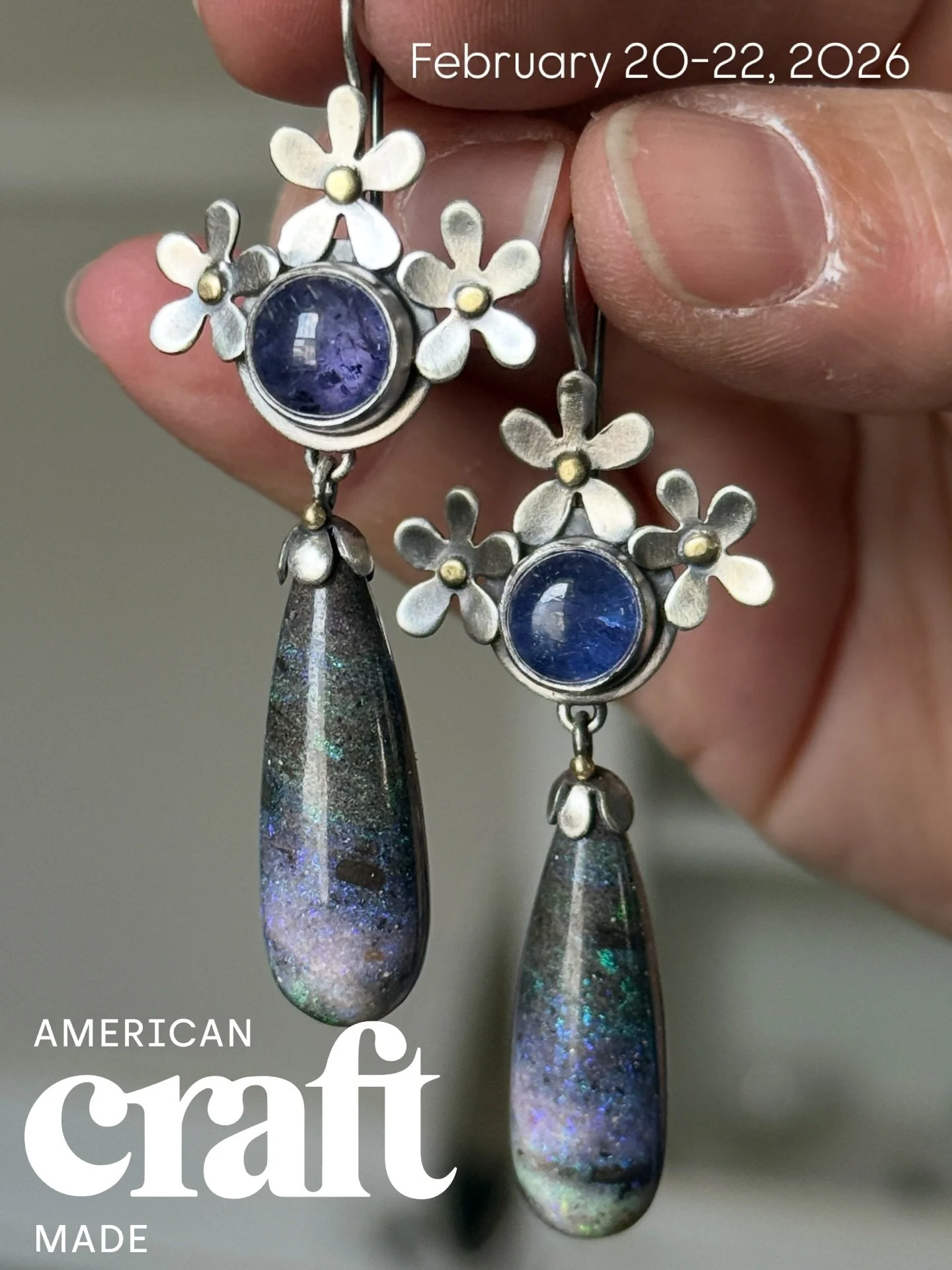 Join me next week for the @craftcouncil American Craft Made show! I&rsquo;m finishing up some new beauties and can&rsquo;t wait to share them with you! Like these sterling and 18k gold daisy earrings with tanzanites and boulder opals. 😍🤩
#americanc