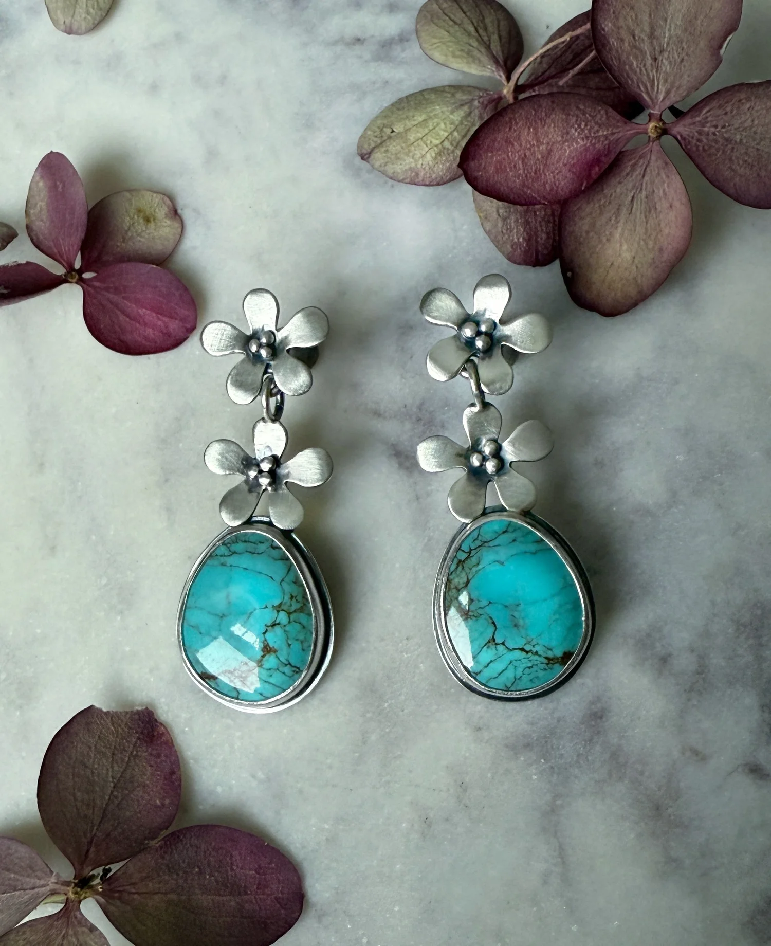 silver daisy chain turquoise earrings — Christine Peters Jewelry