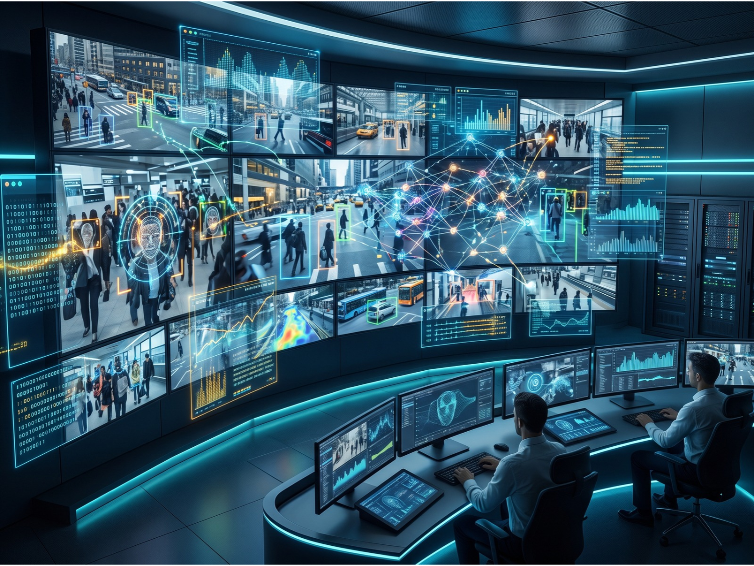 High-tech AI video surveillance monitoring room with real-time facial recognition and smart city crowd analytics