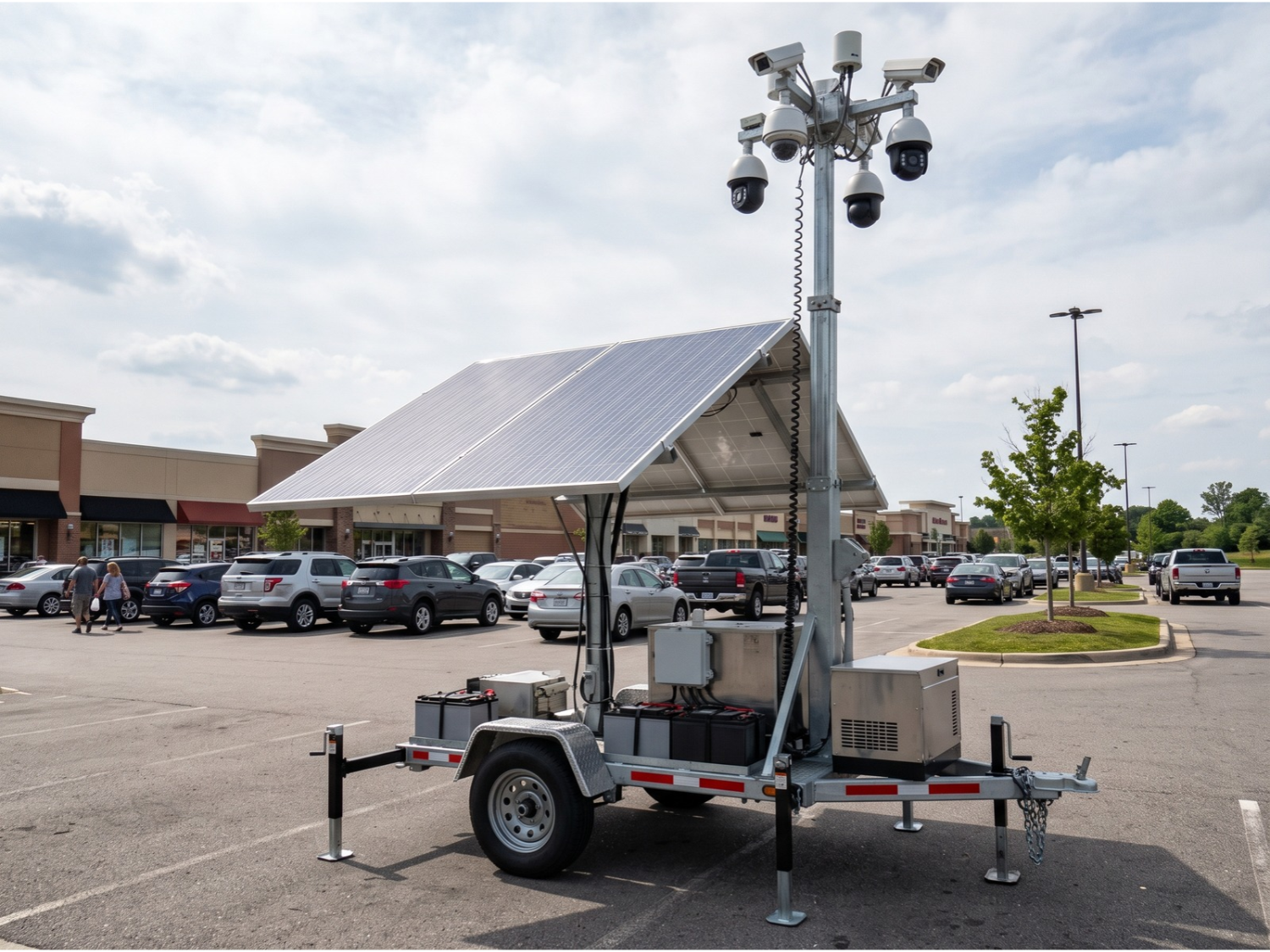 Mobile solar surveillance trailer with multi-camera security mast for parking lot monitoring and site safety