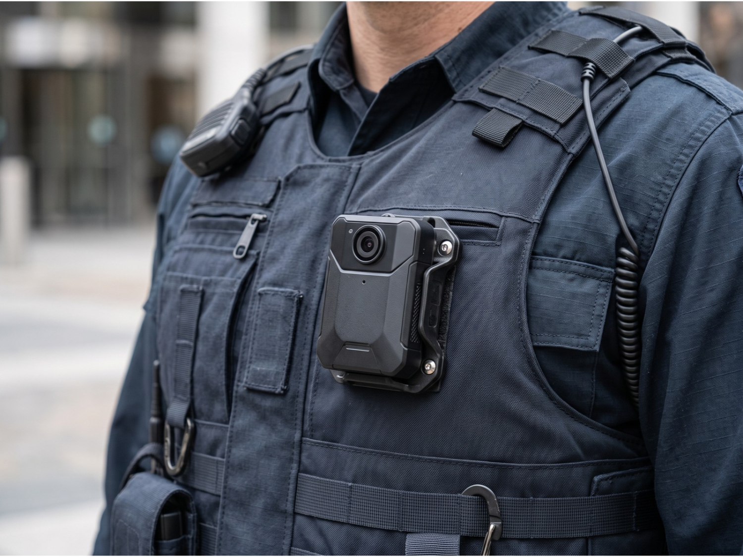 Law enforcement officer wearing a high-definition tactical body-worn surveillance camera on a duty vest