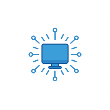 Icon of a computer monitor with lines radiating outward, representing connectivity or technology.