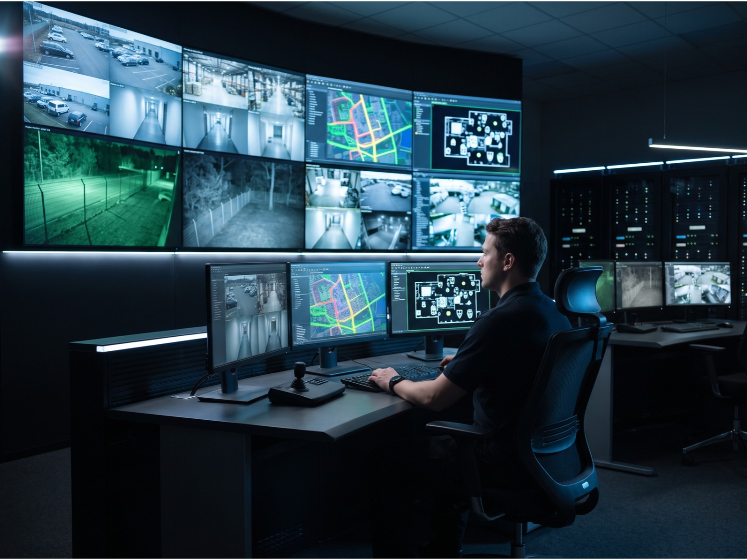 Commercial security system integration featuring live CCTV video wall monitoring and facility management