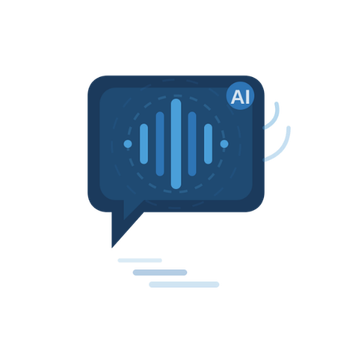 A digital illustration of a chat bubble with sound wave lines and an AI symbol, representing artificial intelligence or voice assistant technology.