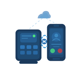 Illustration of a point-of-sale card reader device with a small blue cloud above it, a smartphone displaying an incoming call with green and red buttons.