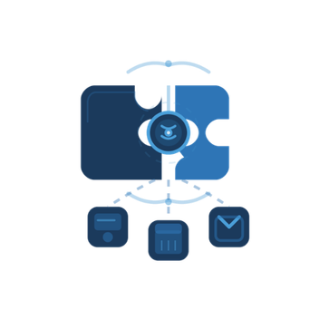 Graphic illustration of a security camera with icons for a lock, chat, and email below it.