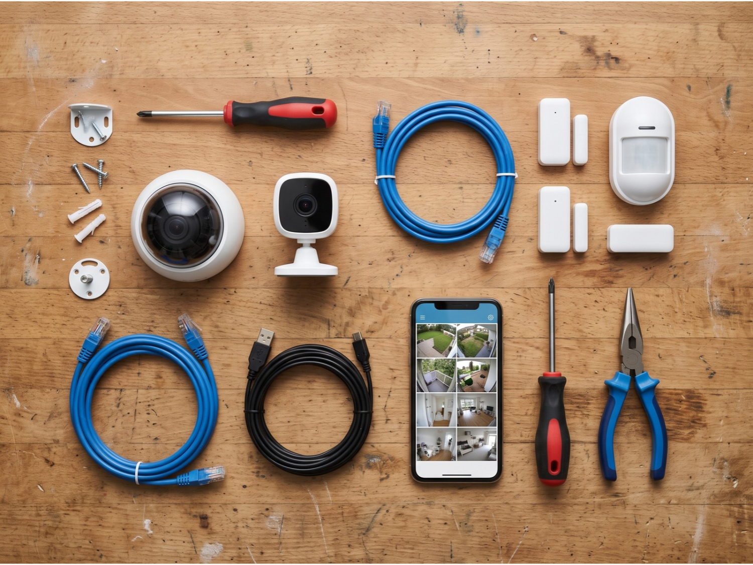 DIY home video surveillance installation kit with dome camera, indoor smart camera, Ethernet cables, sensors, and mobile monitoring app.