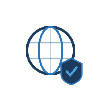 A globe with longitude and latitude lines and a shield with a checkmark in front of it.