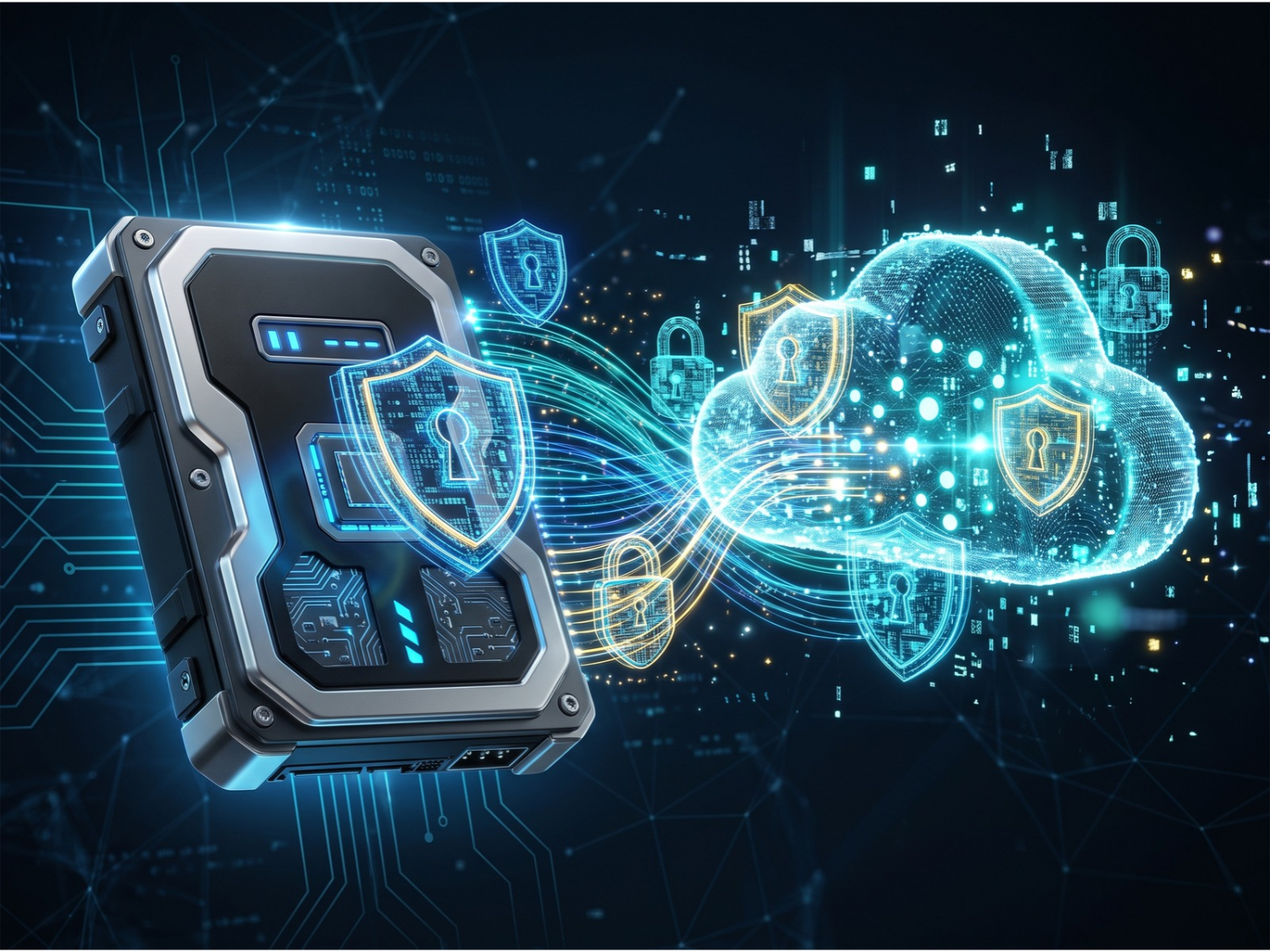 Secure cloud backup and data storage concept showing encrypted file transfer from an external drive to a digital cloud