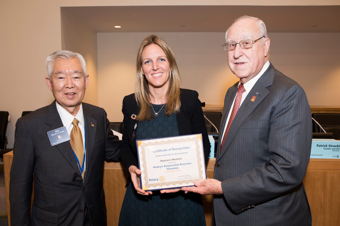 Steph receiving a Rotary International Responsible Business Award at the UN General Assembly