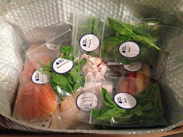 This is how your Blue Apron box arrives, with a dozen tiny ziploc bags, all well labeled for easy identification. 
