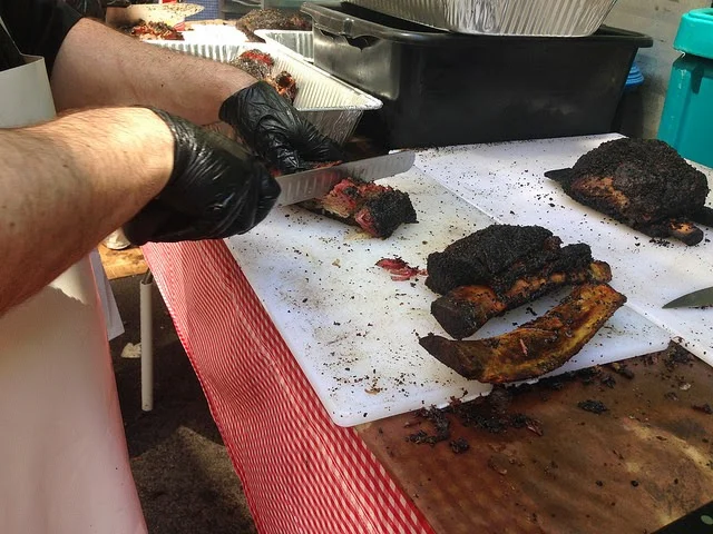 Beef ribs ready to be cut for the crowds.