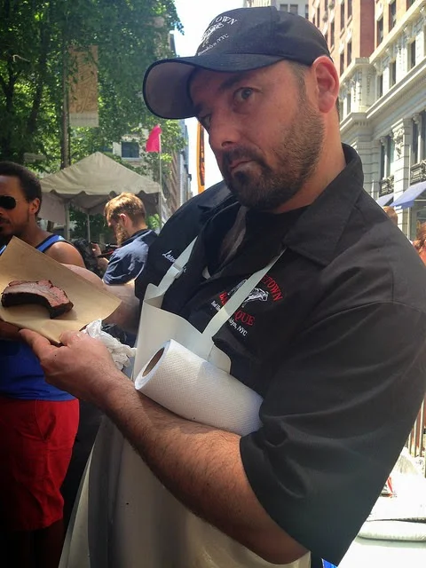 Lawrence LaPianta, pitmaster at the swanky cool bar Aft in Toronto, poses with my meat.