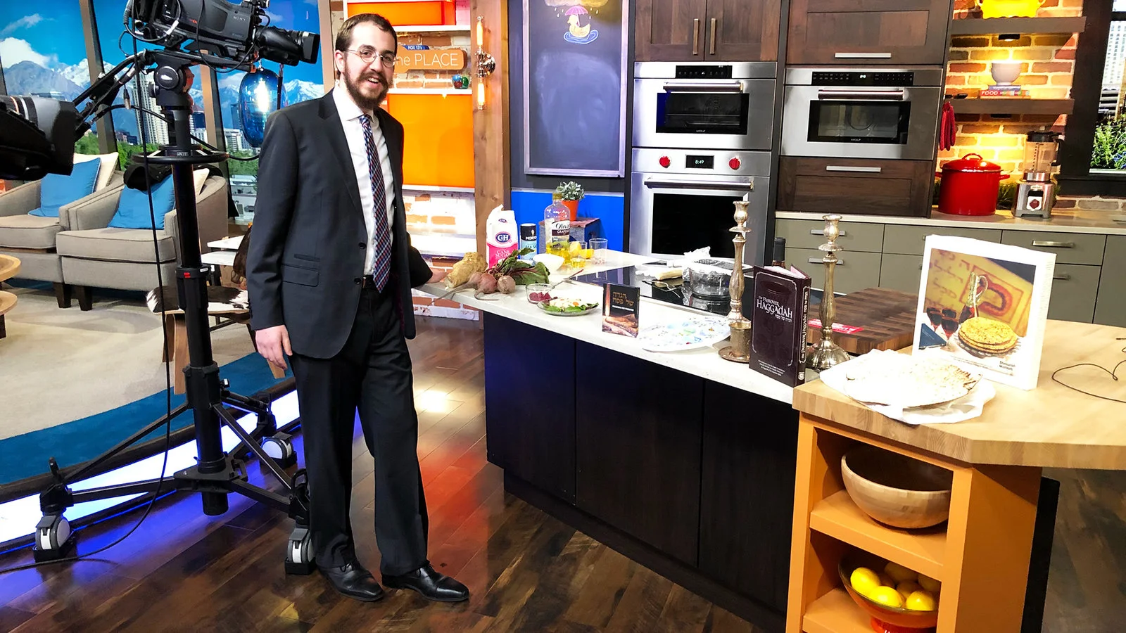 Rabbi Avremi Zippel, the program director at Chabad Lubavitch of Utah, during an appearance on Fox 13 to talk about Passover food. Photo courtesty of Avremi Zippel.