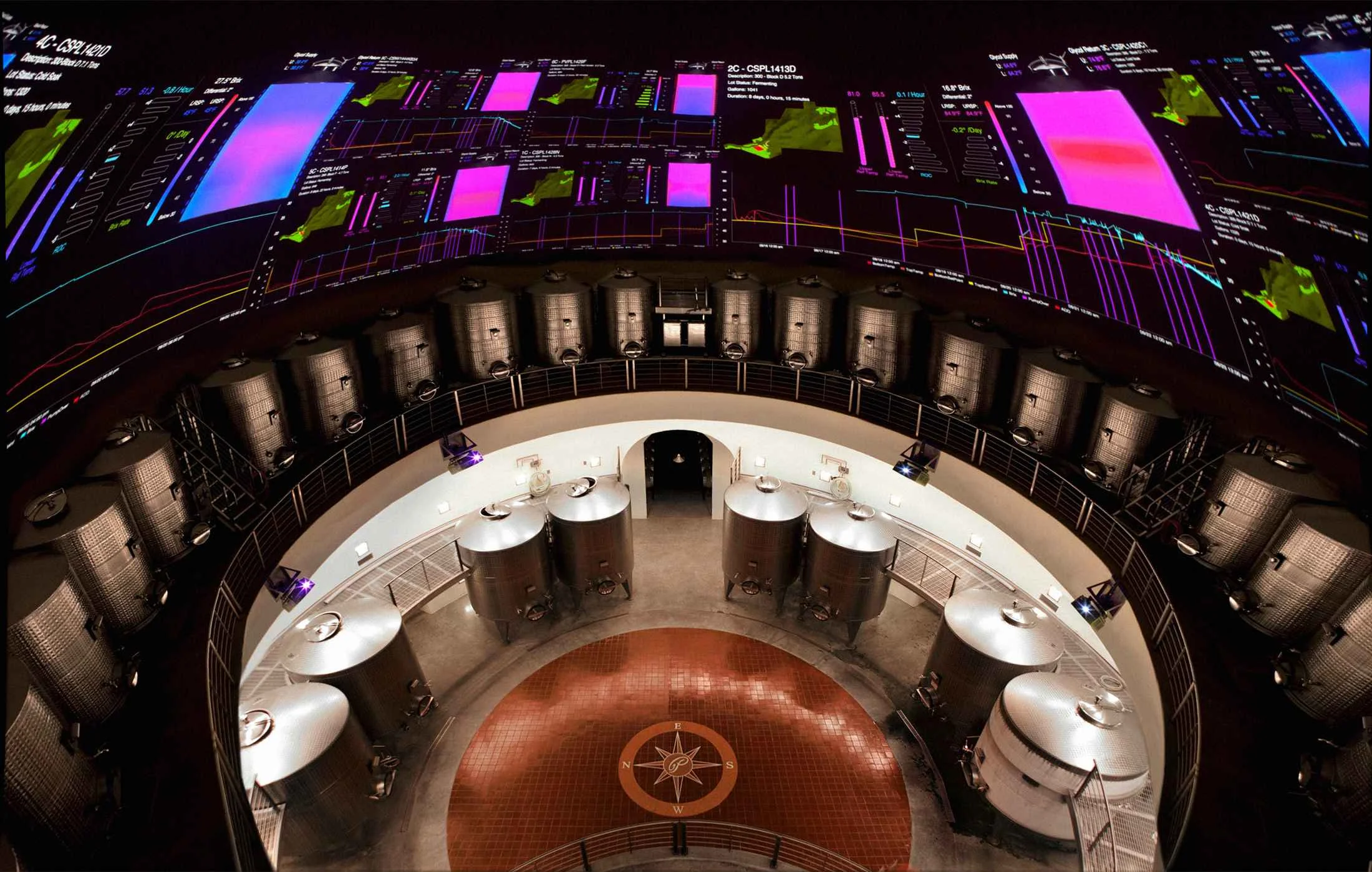 The wine cave at Palmaz Vineyards showing off the winery's FLICS system.