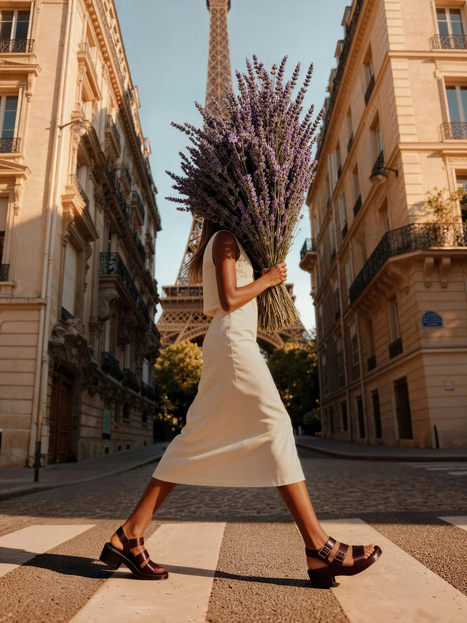 Campaña de Panier des sens en París: una mujer con un ramo de lavanda cruza un paso de cebra ante la Torre Eiffel