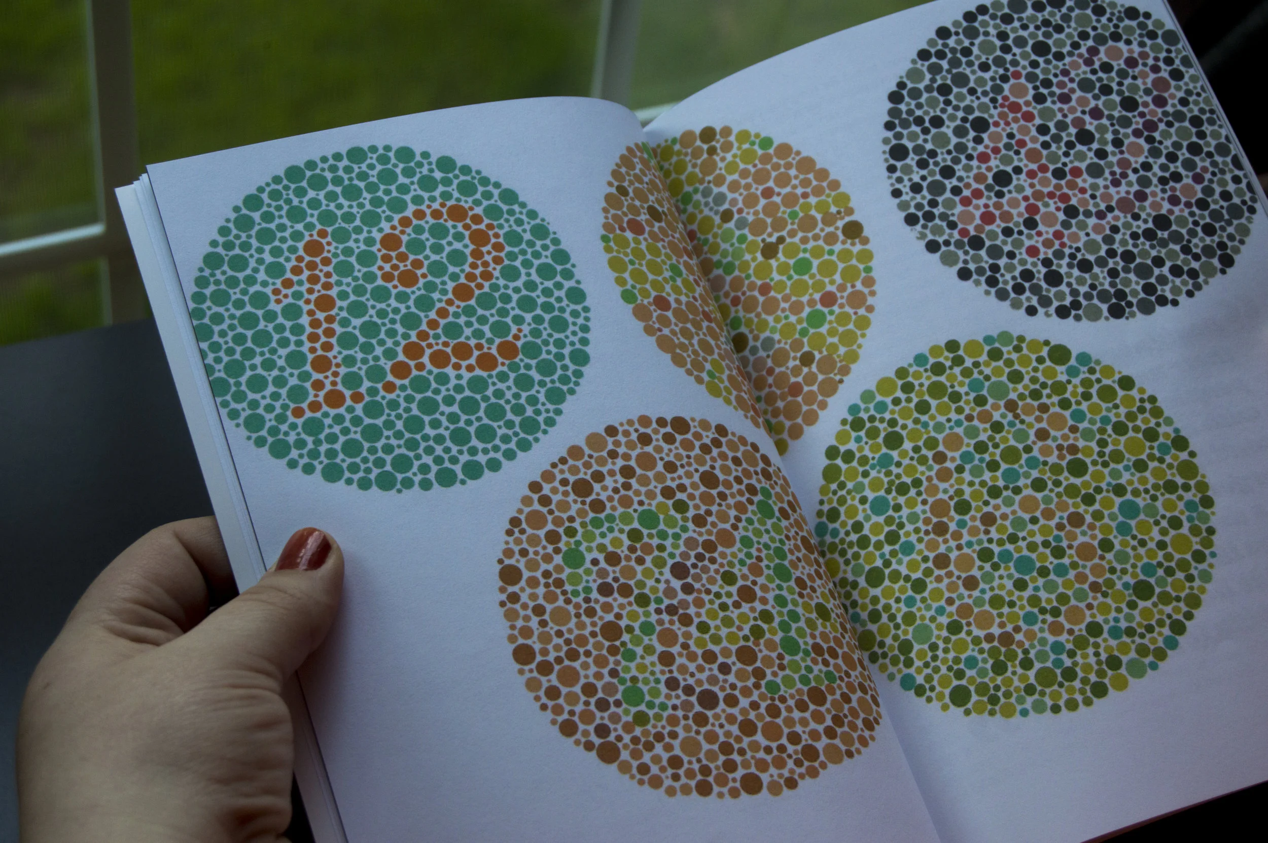  This spread was used to display examples of the Ishihara colorblind tests. These are used to determine whether or not someone may have colorblindness. 
