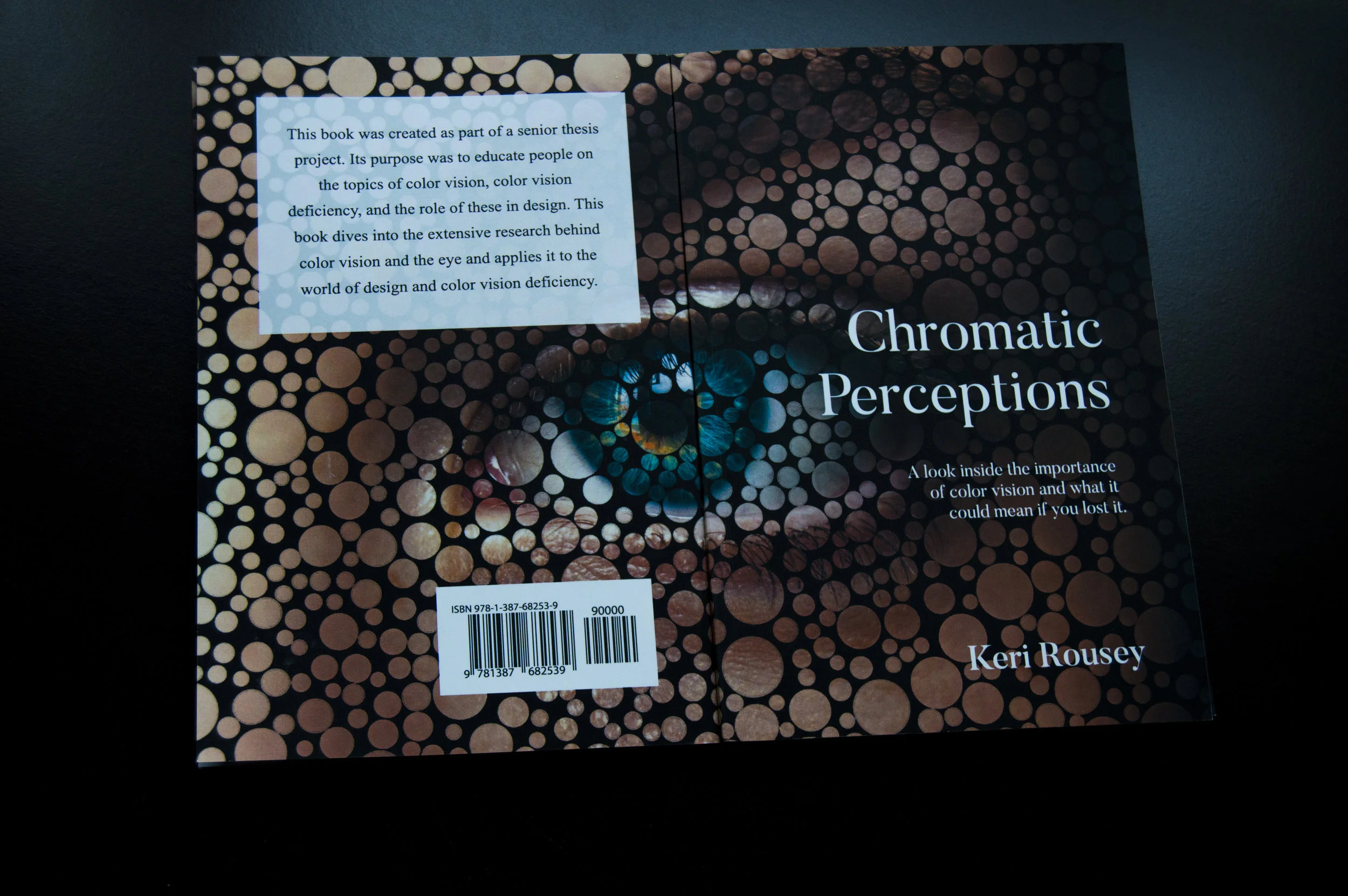  Example of what happens when you put the front cover and the back cover side-by-side. The inspiration was to use a photograph of someone’s eye, because of the subject matter, and relate it all back to those Ishihara tests. 