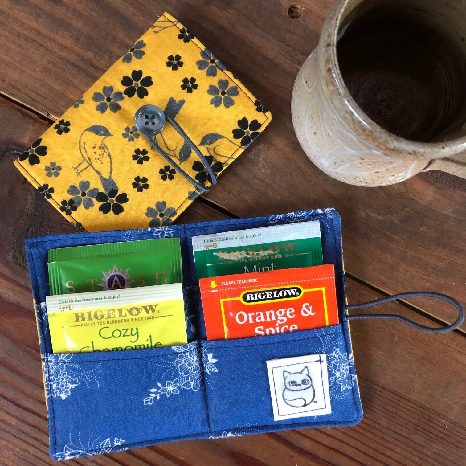 bernadette tea wallet, yellow birds/dark blue