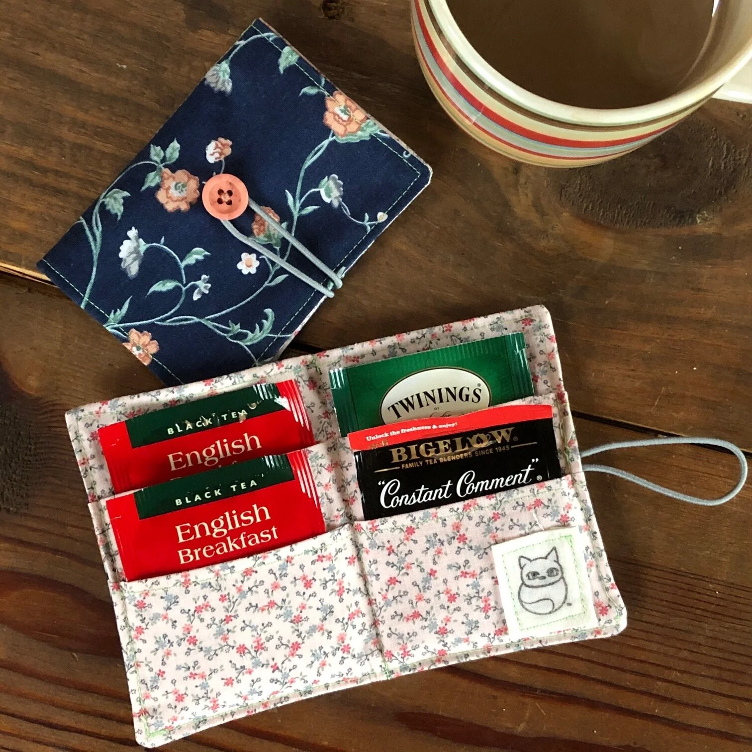 bernadette tea wallet, dark blue flowers/pink