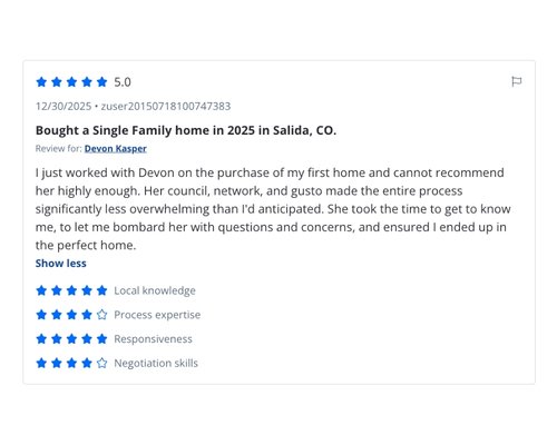5 Star review for Devon Kasper Realtor in Chaffee County, Colorado.