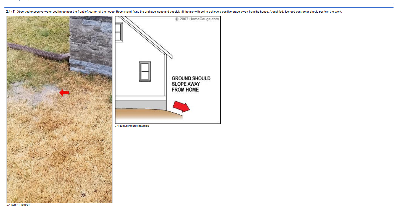 A photo from the exterior inspection of the grading and foundation with the added photo of what the proper grading should look like.