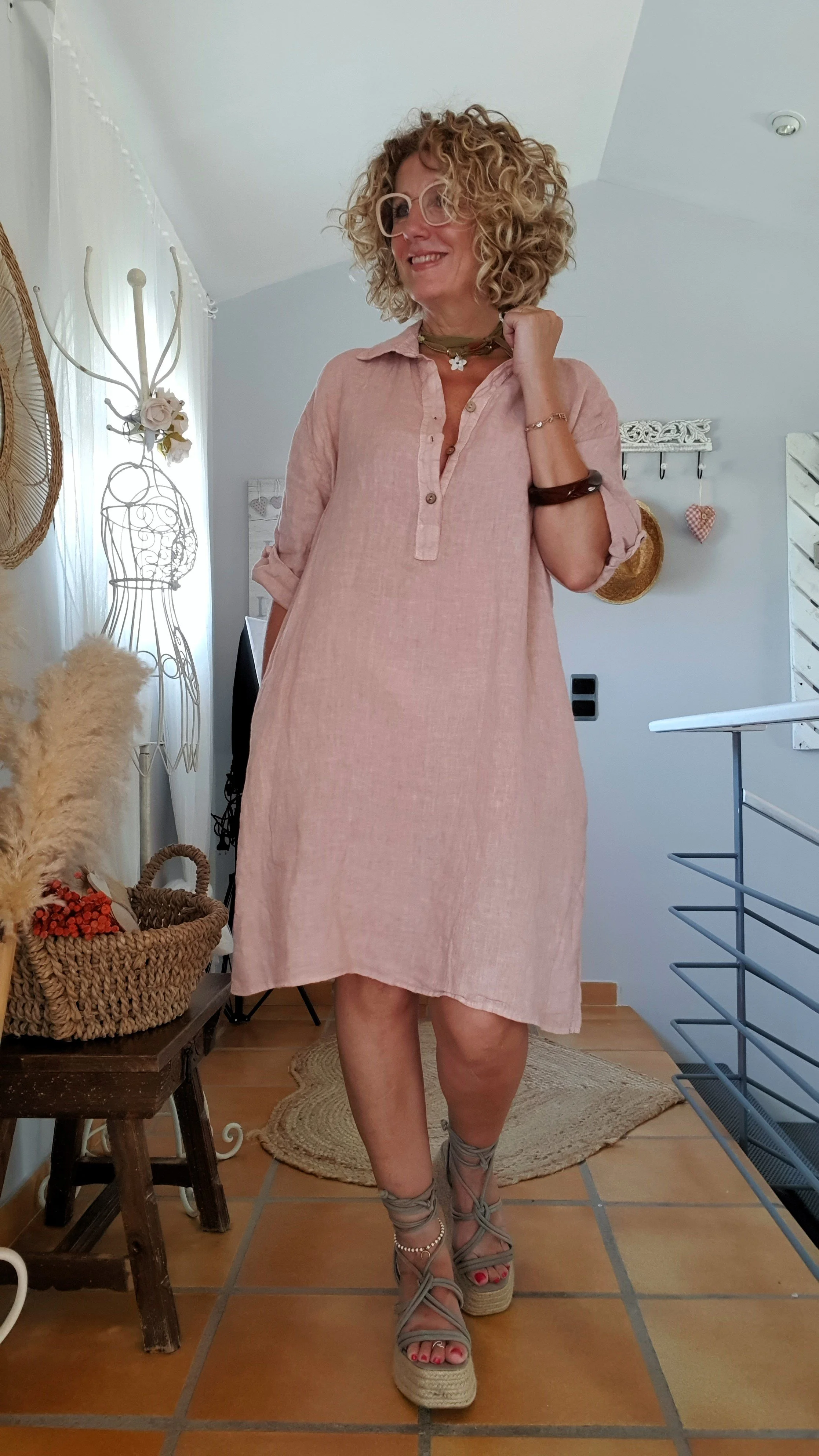 Vestido lino rosa palo