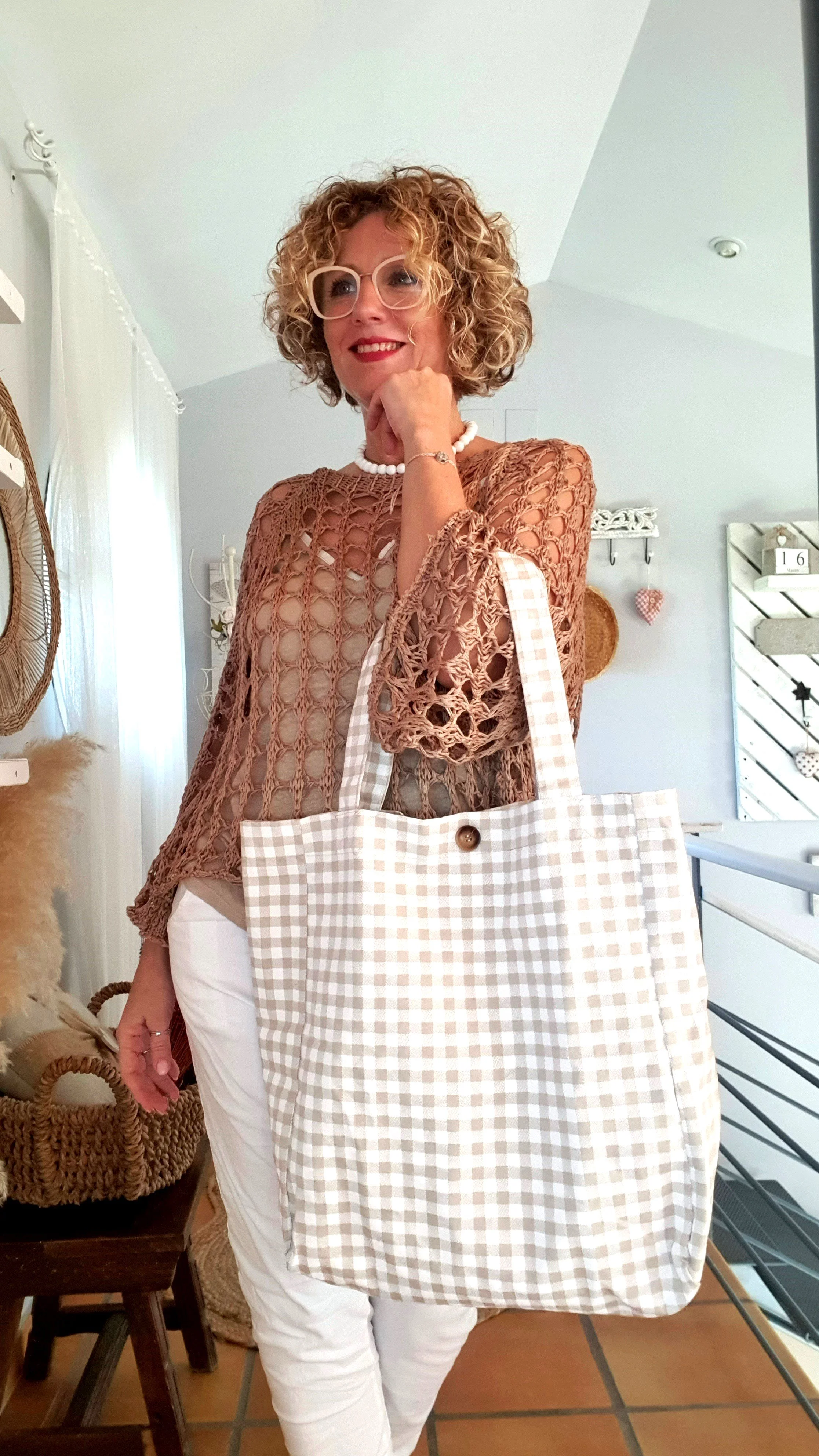 Tote bag cuadros beige