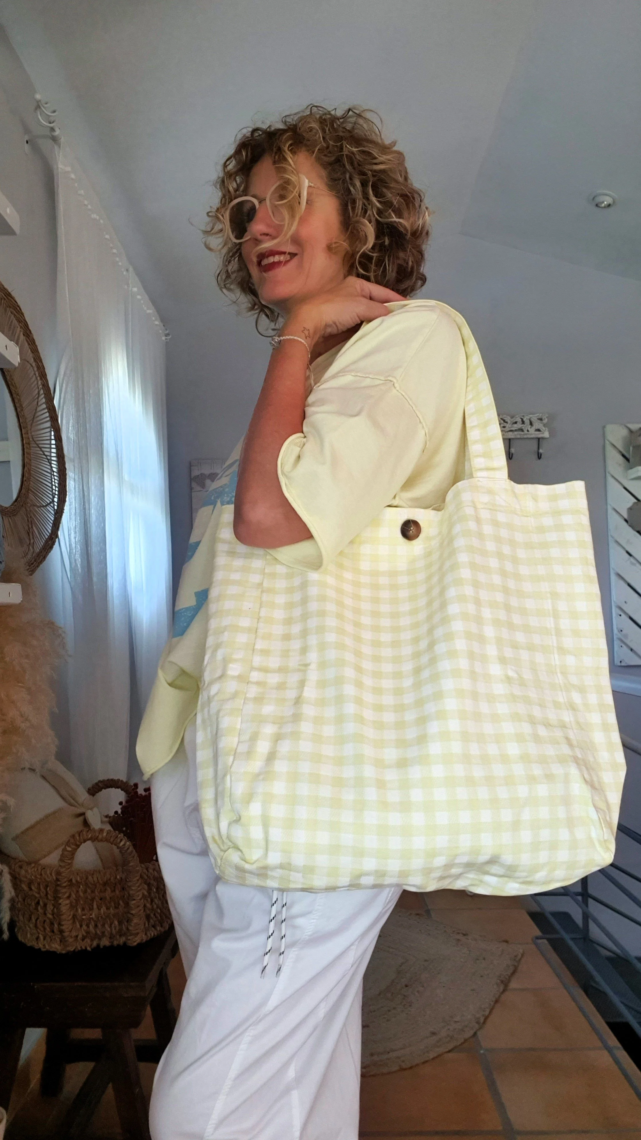 Tote bag cuadros amarillo