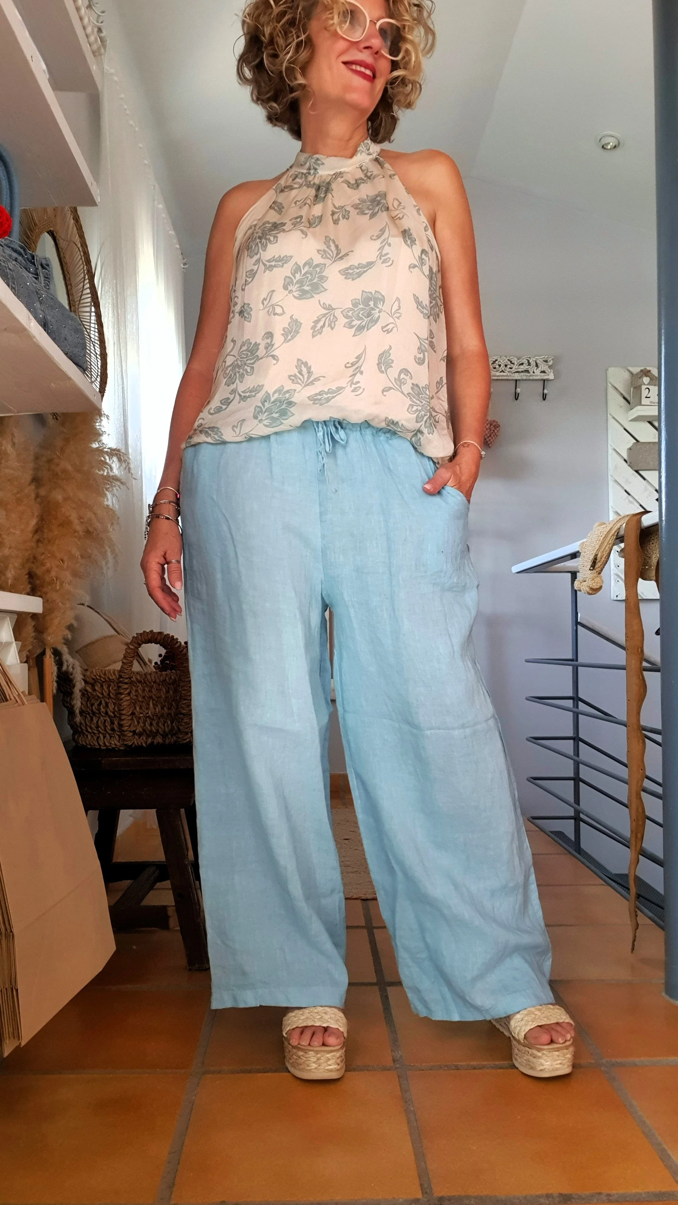 Pantalón lino turquesa