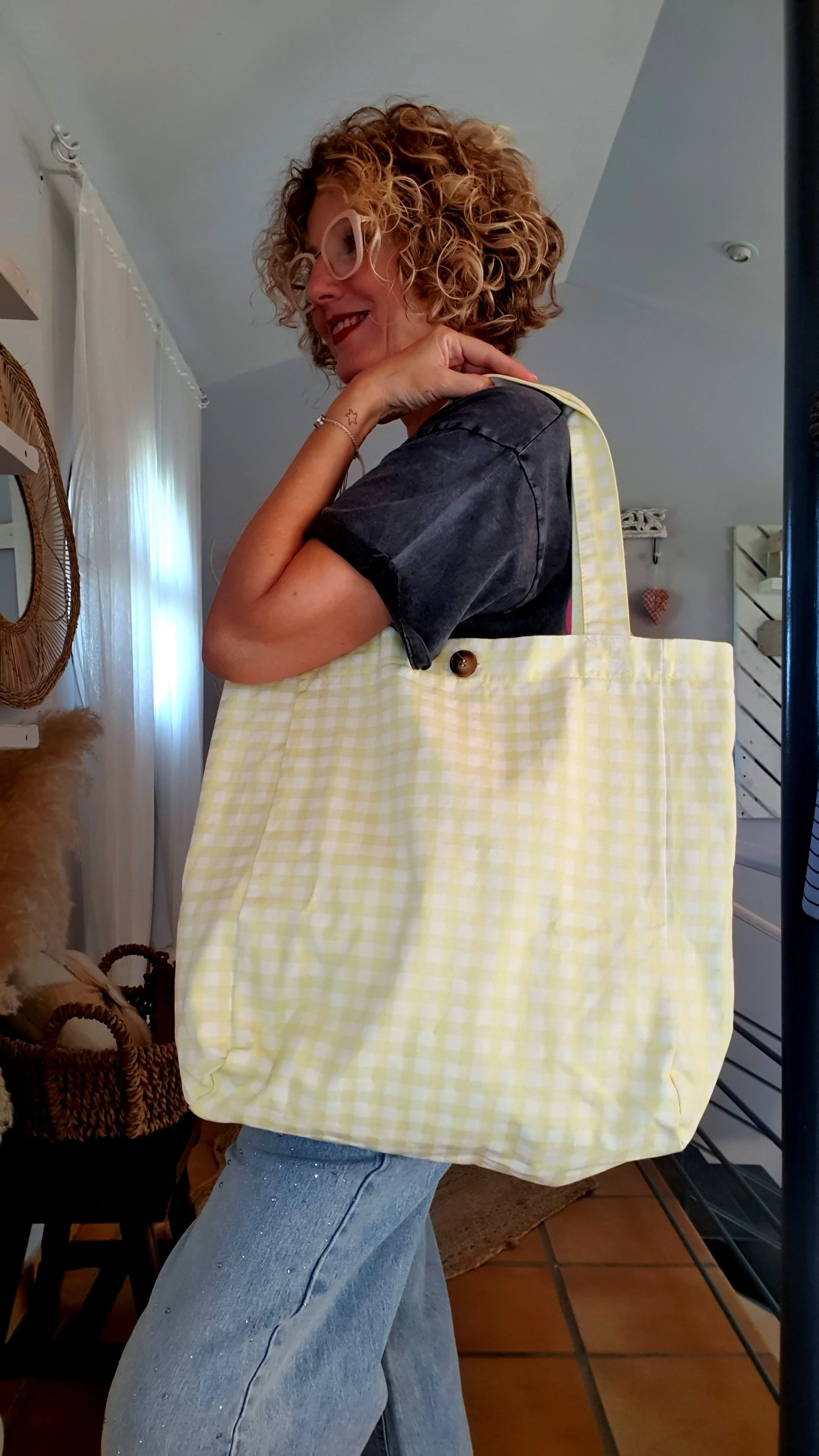 Tote bag cuadros amarillo