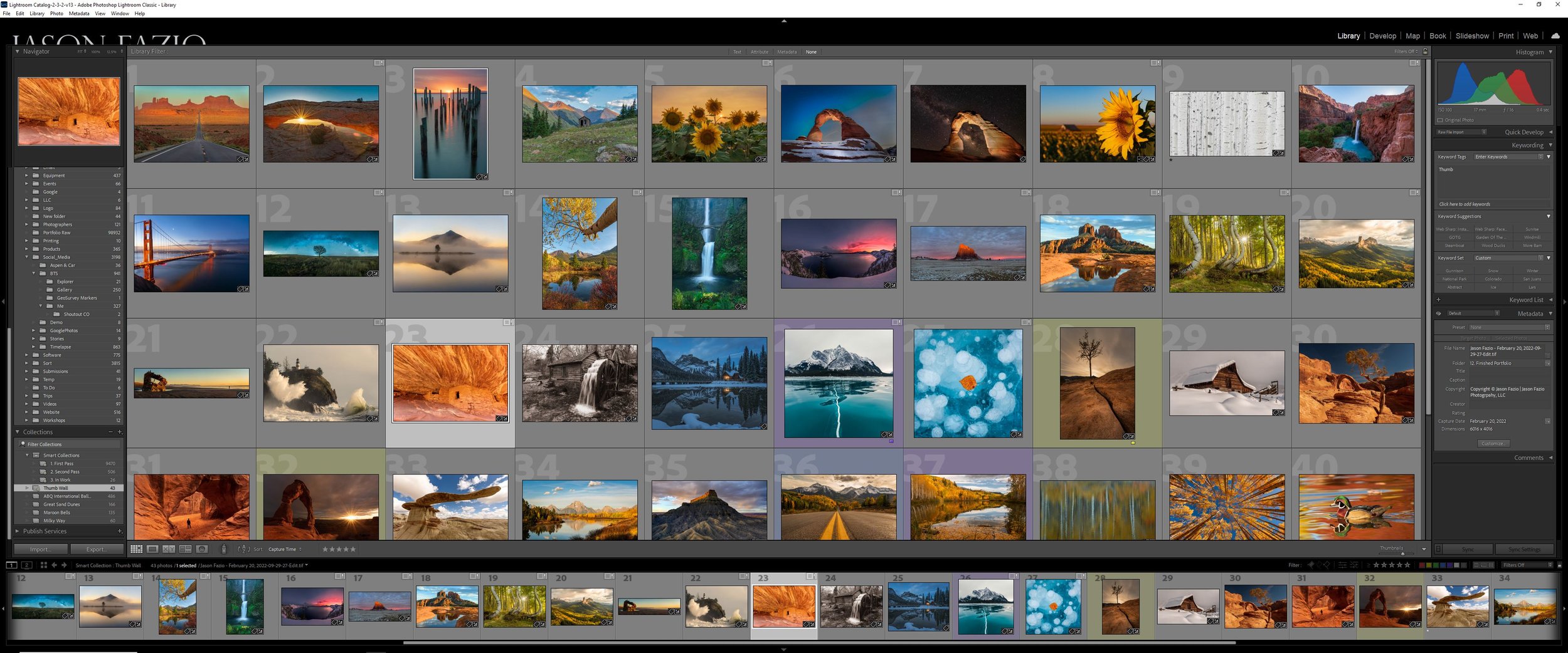 Adobe Lightroom displaying a collection of landscape photographs during on-the-computer photography training.