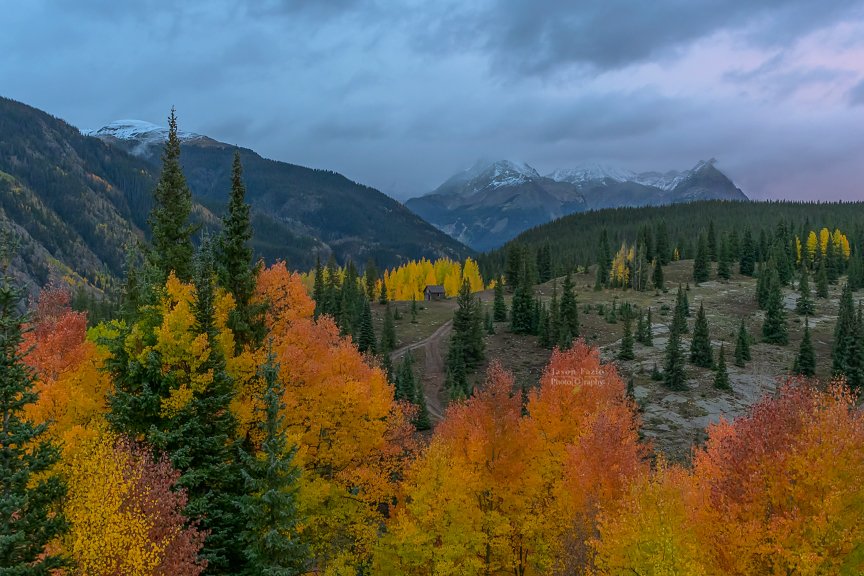 Rustic cabin surrounded by brilliant autumn aspens beneath cloudy mountains near Highway 550 and Silverton, Colorado.