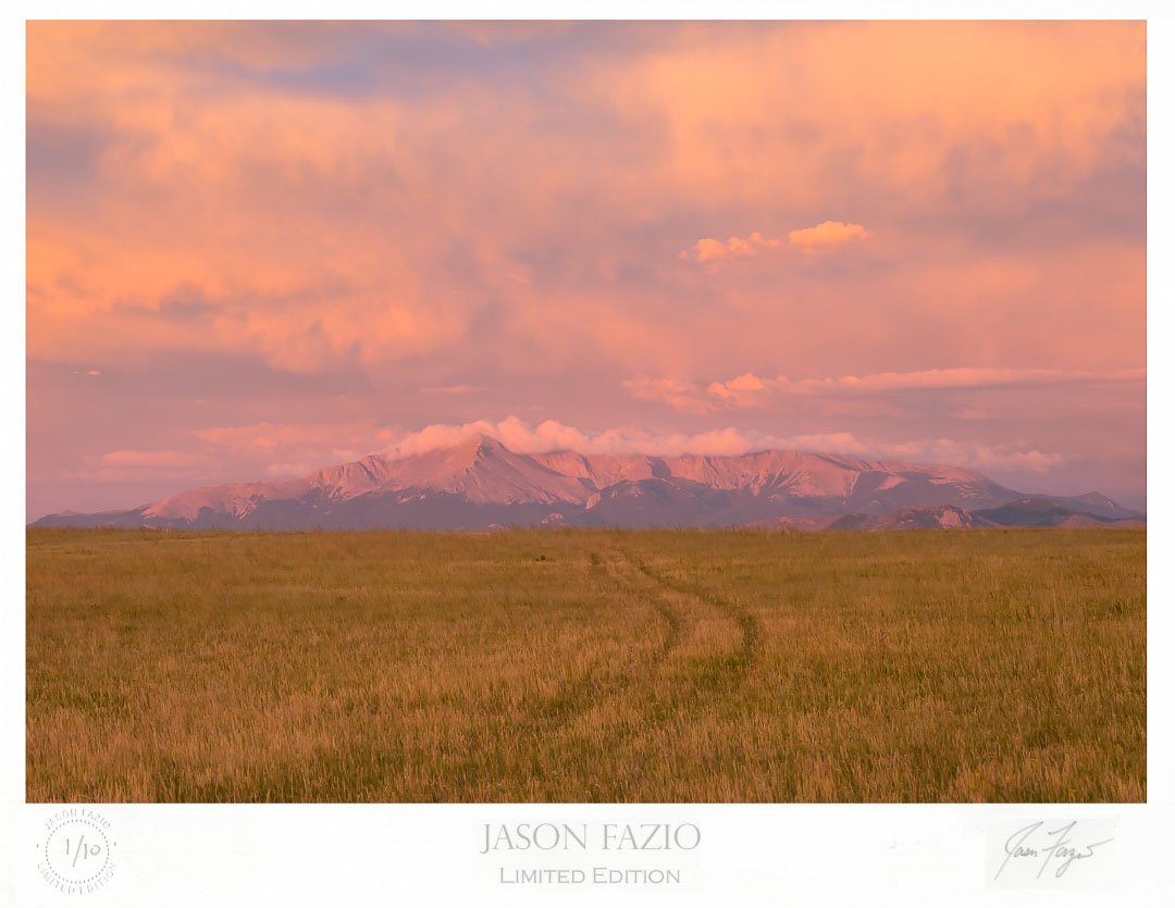 An old two track trail leads off into the distance as it travels through a field of tall gras and leads the way toward Pikes Peak standing tall in the predawn sunlight.