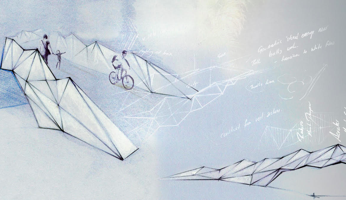 Ben Foster concept sketch ‘The Four Brothers’ pedestrian bridge, Christchurch CBD.