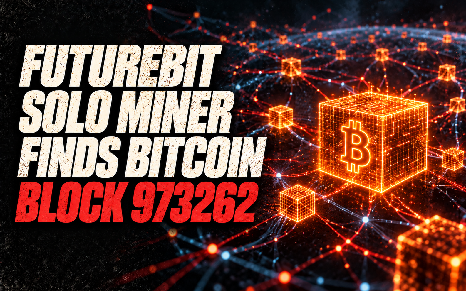 FutureBit Solo Miner Finds Bitcoin Block 973262 — a glowing Bitcoin block connected to a decentralized network.