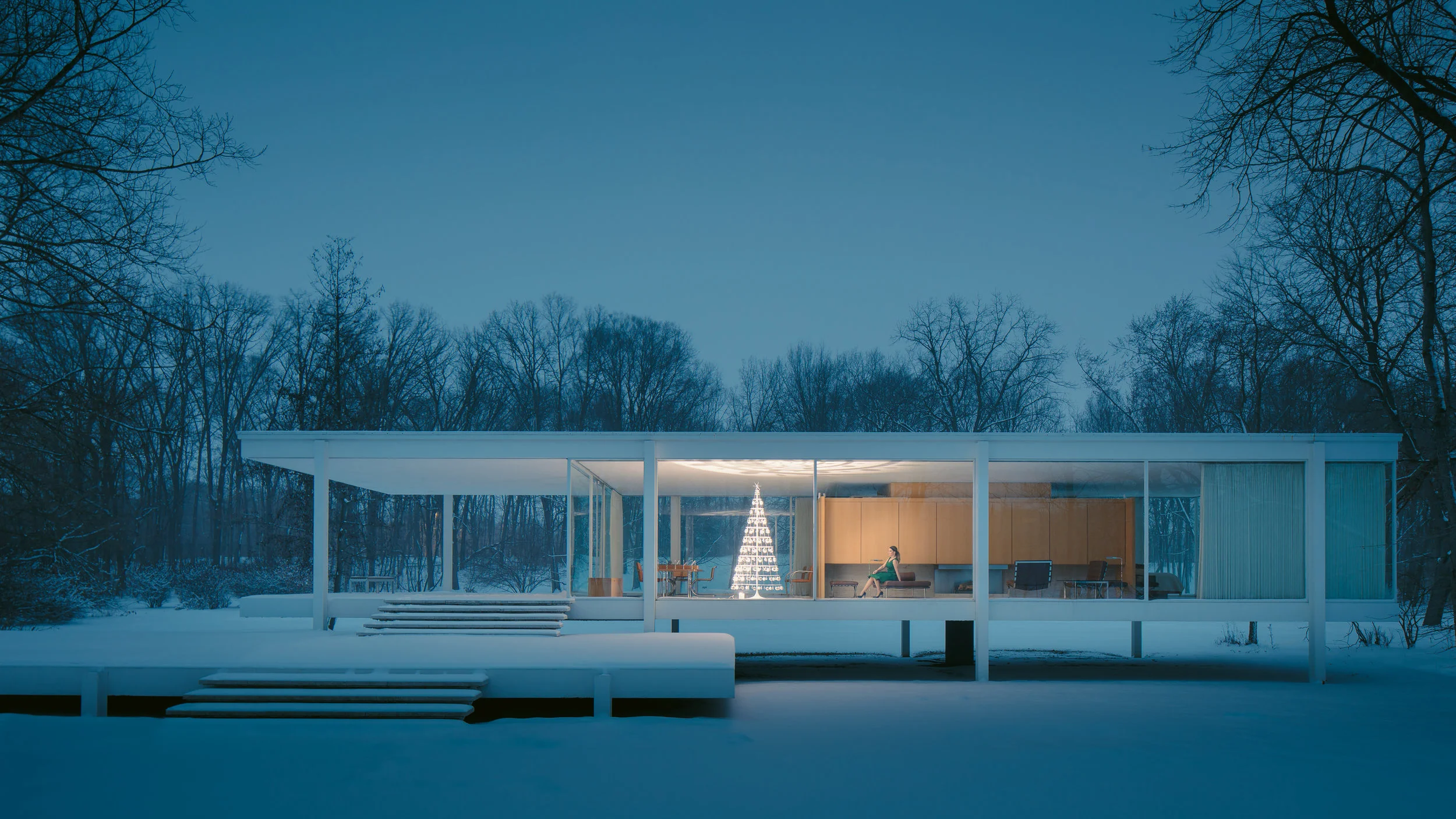 Farnsworth House by Mies van der Rohe : Images © JC Buck + © Courtesy of The Modern Christmas Tree.