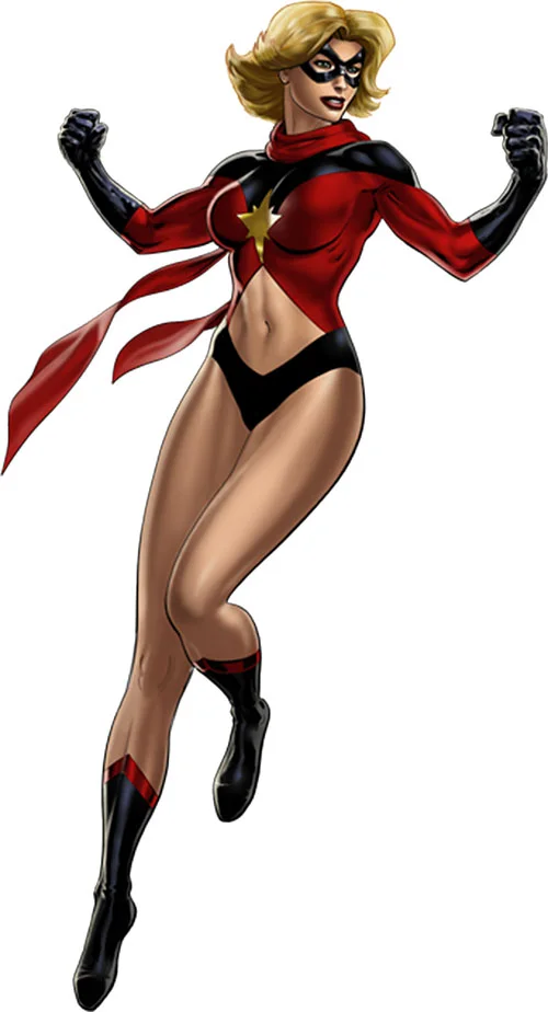Carol’s first Ms. Marvel costume. Apparently, her neck is cold, but her torso is warm.