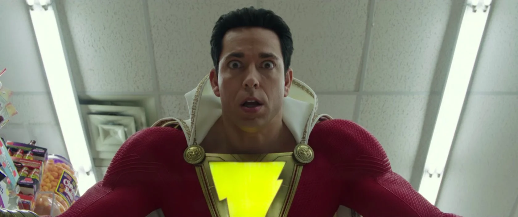 Probably the exact look on Zachary Levi’s face when he was told he gets to be a superhero.