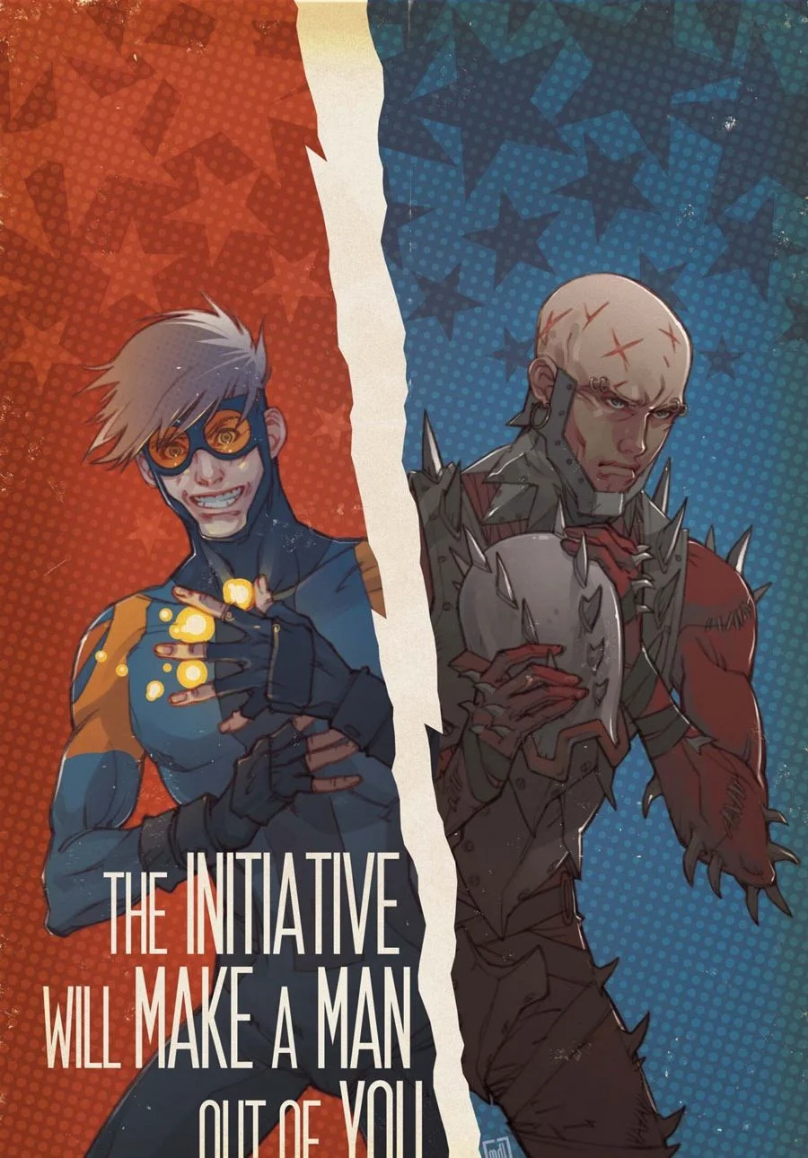 Oh, Robbie, what did they do to you? (That’s Robbie as Speedball on the left, and Penance on the right)