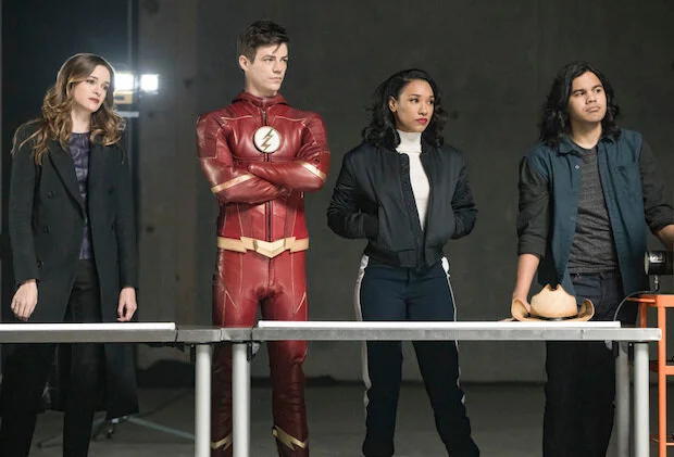 Team Flash (or, at least some of it). From Left to Right, that’s Caitlyn, Flash (duh), Iris, and Cisco.
